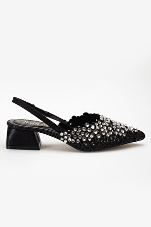 Kadın Kısa Topuklu Abiye Ayakkabı Siyah Örme Taşlı Sivri Kalıp