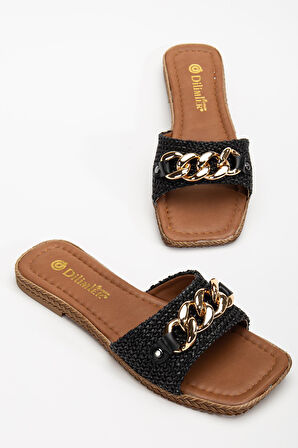 Kadın Düz Topuklu Terlik Siyah Kalın Tek Bant Zincir Aksesuarlı Hasır