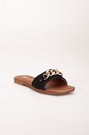 Kadın Düz Topuklu Terlik Siyah Kalın Tek Bant Zincir Aksesuarlı Hasır