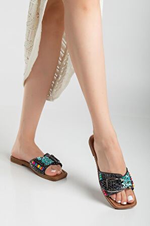 Kadın Düz Topuklu Terlik Siyah Kalın Tek Bantlı Taşlı