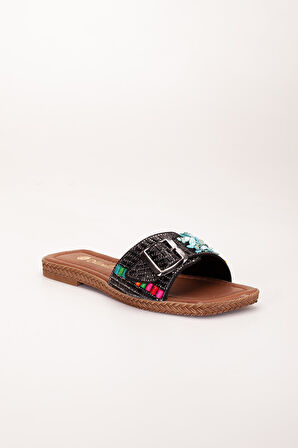 Kadın Düz Topuklu Terlik Siyah Kalın Tek Bantlı Taşlı