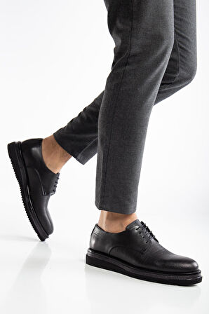 Hakiki Deri Erkek Klasik Ayakkabı Siyah Kalın Taban Bağlı Yüzüdüz