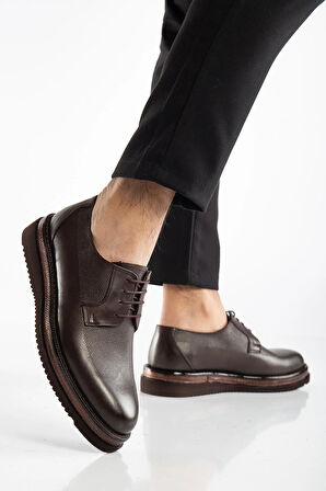 Hakiki Deri Erkek Klasik Ayakkabı Kahve M Model Baskılı Deri Bağlı