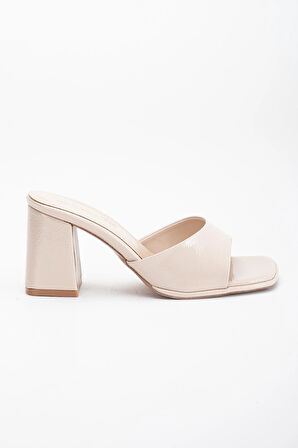 Büyük Beden Kadın Topuklu Terlik Ten Saten İnce Bantlı