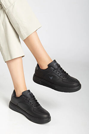 Unisex Spor Ayakkabı Sİyah Yüksek Taban Hafif Suni Deri