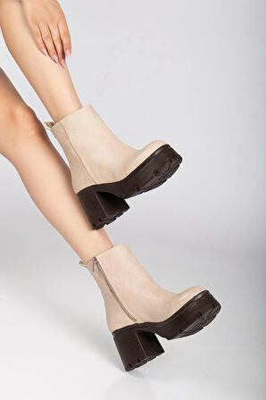 Topuklu Bot Kadın Platform Ten Yüzüdüz Fermuarlı