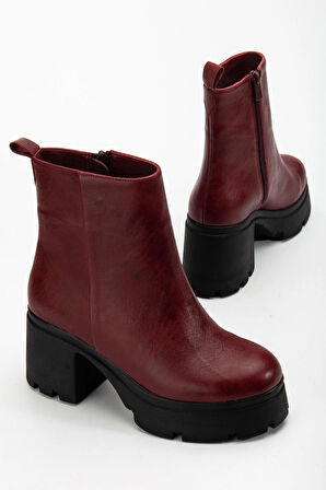Topuklu Bot Kadın Platform Bordo Yüzüdüz Fermuarlı