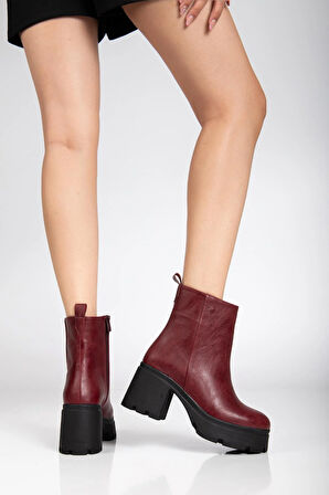 Topuklu Bot Kadın Platform Bordo Yüzüdüz Fermuarlı