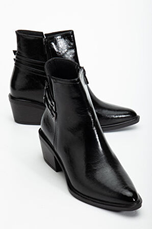 Kadın Topuklu Bot Siyah Rugan Sivri Vestern Toaklı