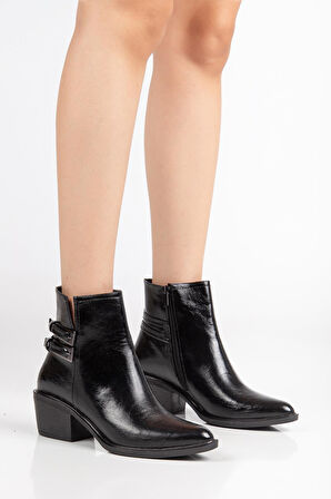 Kadın Topuklu Bot Siyah Rugan Sivri Vestern Toaklı