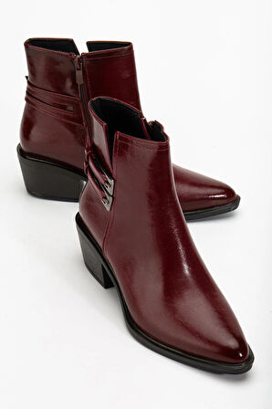 Kadın Topuklu Bot Bordo Rugan Sivri Vestern Toaklı