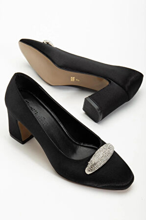 Kadın Siletto Topuklu Ayakkabı Sİyah Saten Taşlı Kalın Topuklu