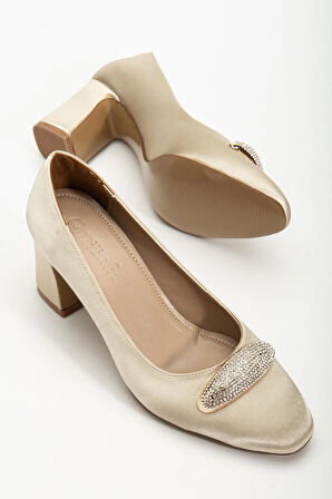 Kadın Siletto Topuklu Ayakkabı Gold Saten Taşlı Kalın Topuklu