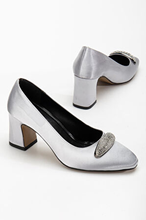 Kadın Siletto Topuklu Ayakkabı Gümüş Saten Taşlı Kalın Topuklu