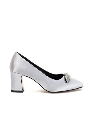 Kadın Siletto Topuklu Ayakkabı Gümüş Saten Taşlı Kalın Topuklu