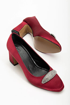 Kadın Siletto Topuklu Ayakkabı Bordo Saten Taşlı Kalın Topuklu