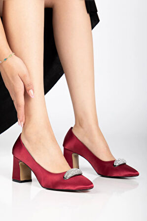 Kadın Siletto Topuklu Ayakkabı Bordo Saten Taşlı Kalın Topuklu