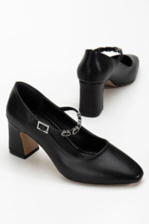 Kadın Stiletto Topuklu Ayakkabı Siyah Suni Deri Baret Taşlı Kalın Topuklu