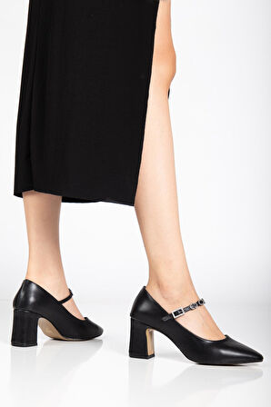 Kadın Stiletto Topuklu Ayakkabı Siyah Suni Deri Baret Taşlı Kalın Topuklu