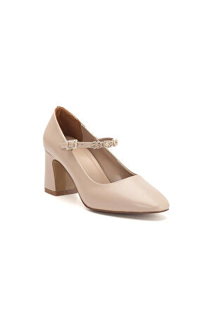 Kadın Stiletto Topuklu Ayakkabı Bej Suni Deri Baret Taşlı Kalın Topuklu