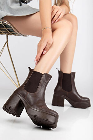 Topuklu Bot Kadın Platform Kahverengi Parçalı Elastik Kalın Taban