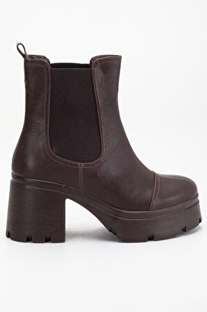 Topuklu Bot Kadın Platform Kahverengi Parçalı Elastik Kalın Taban