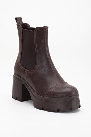 Topuklu Bot Kadın Platform Kahverengi Parçalı Elastik Kalın Taban