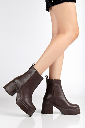 Topuklu Bot Kadın Platform Kahve Yüzüdüz Fermuarlı