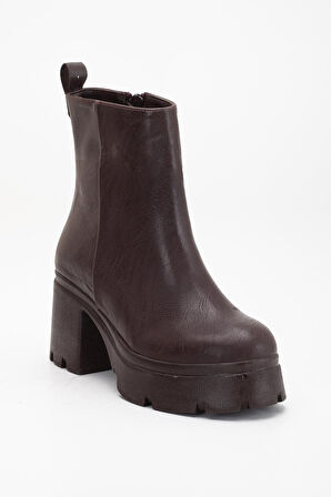 Topuklu Bot Kadın Platform Kahve Yüzüdüz Fermuarlı