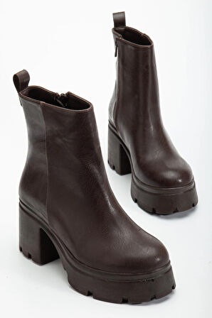 Topuklu Bot Kadın Platform Kahve Yüzüdüz Fermuarlı