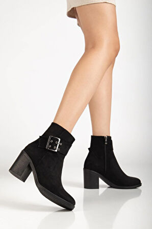 Kadın Topuklu Bot Siyah Süet Hazır Taban Yan Tokalı