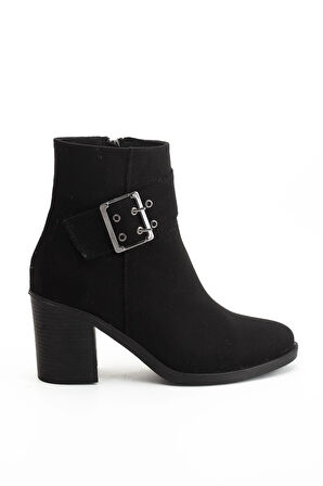 Kadın Topuklu Bot Siyah Süet Hazır Taban Yan Tokalı