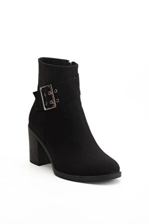 Kadın Topuklu Bot Siyah Süet Hazır Taban Yan Tokalı