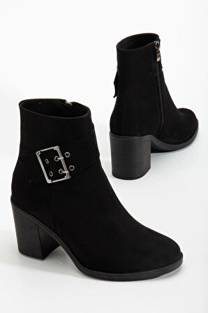 Kadın Topuklu Bot Siyah Süet Hazır Taban Yan Tokalı