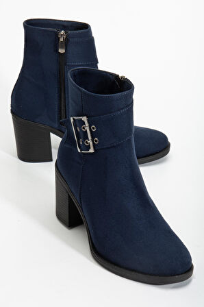 Kadın Topuklu Bot Lacivert Süet Hazır Taban Yan Tokalı