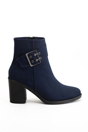 Kadın Topuklu Bot Lacivert Süet Hazır Taban Yan Tokalı