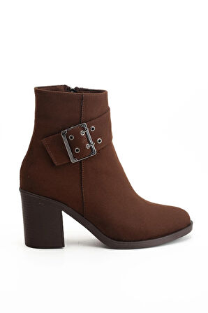 Kadın Topuklu Bot Kahve Süet Hazır Taban Yan Tokalı