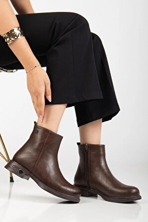 Kadın Bot Kahve Suni Deri Kauçuk Taban Yüzüdüz