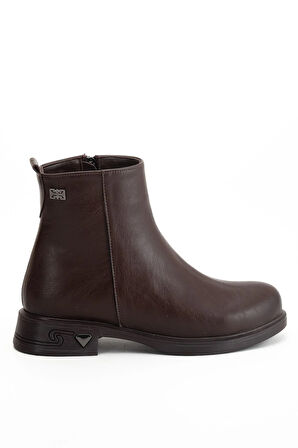 Kadın Bot Kahve Suni Deri Kauçuk Taban Yüzüdüz