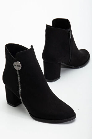 Siyah Kadın Topuklu Bot Süet Taş Detaylı Yuvarlak Burun