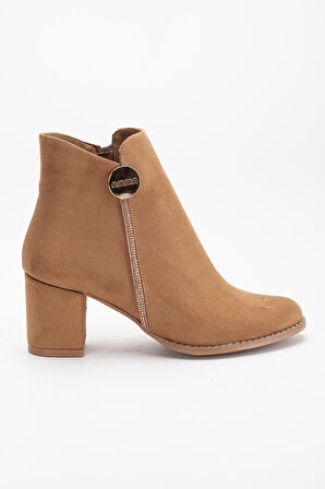 Taba Kadın Topuklu Bot Süet Taş Detaylı Yuvarlak Burun