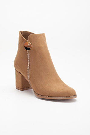 Taba Kadın Topuklu Bot Süet Taş Detaylı Yuvarlak Burun