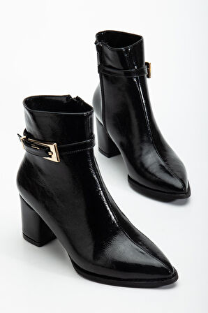 Siyah Kadın Topuklu Bot Kırışık Rugan Sivri Kalıp Tan Tokalı