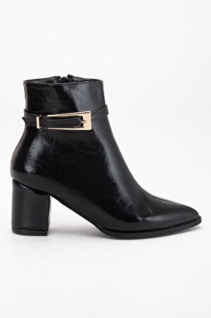 Siyah Kadın Topuklu Bot Kırışık Rugan Sivri Kalıp Tan Tokalı