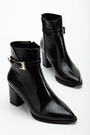 Siyah Kadın Topuklu Bot Kırışık Rugan Sivri Kalıp Tan Tokalı