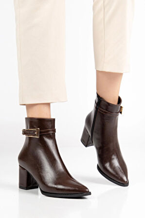 Kahverengi Kadın Topuklu Bot Kırışık Rugan Sivri Kalıp Tan Tokalı