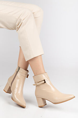 Bej Kadın Topuklu Bot Kırışık Rugan Sivri Kalıp Tan Tokalı