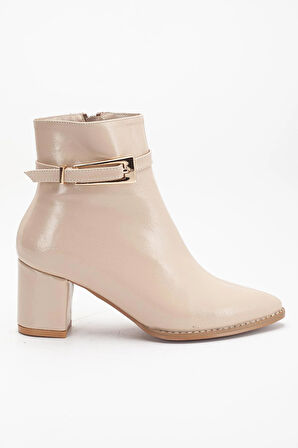 Bej Kadın Topuklu Bot Kırışık Rugan Sivri Kalıp Tan Tokalı