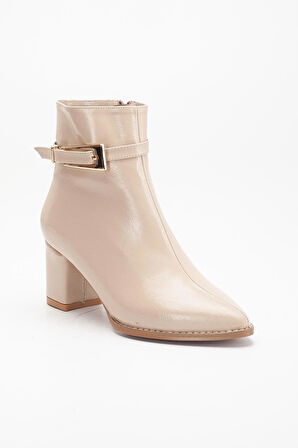 Bej Kadın Topuklu Bot Kırışık Rugan Sivri Kalıp Tan Tokalı