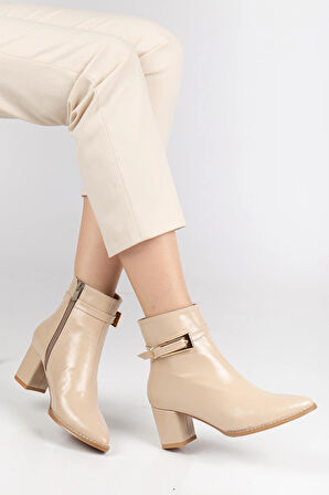 Bej Kadın Topuklu Bot Kırışık Rugan Sivri Kalıp Tan Tokalı